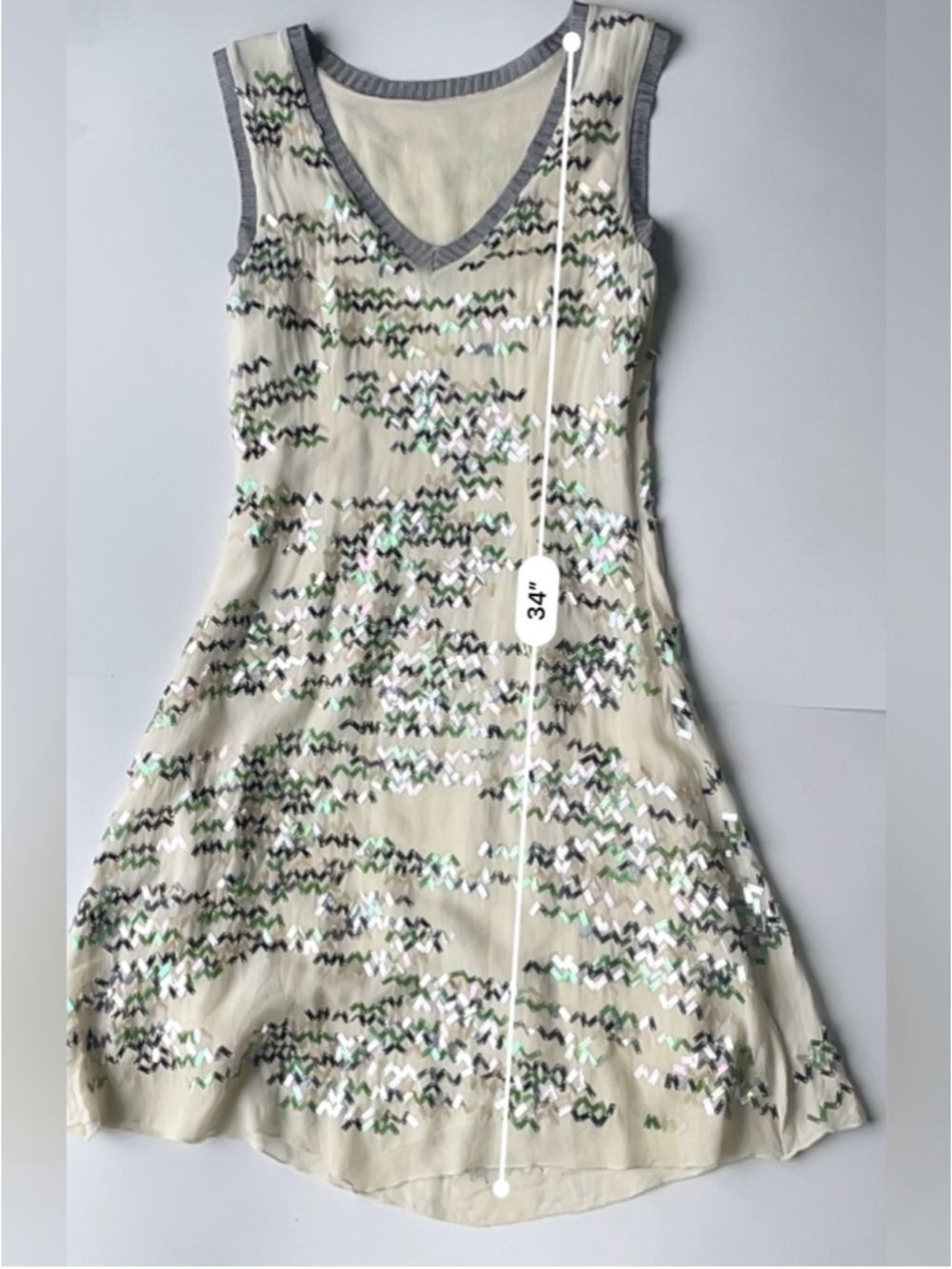 Silk Sequin Mini Dress Ivory Green Abstract Embellished Shift - Picture 5 of 7